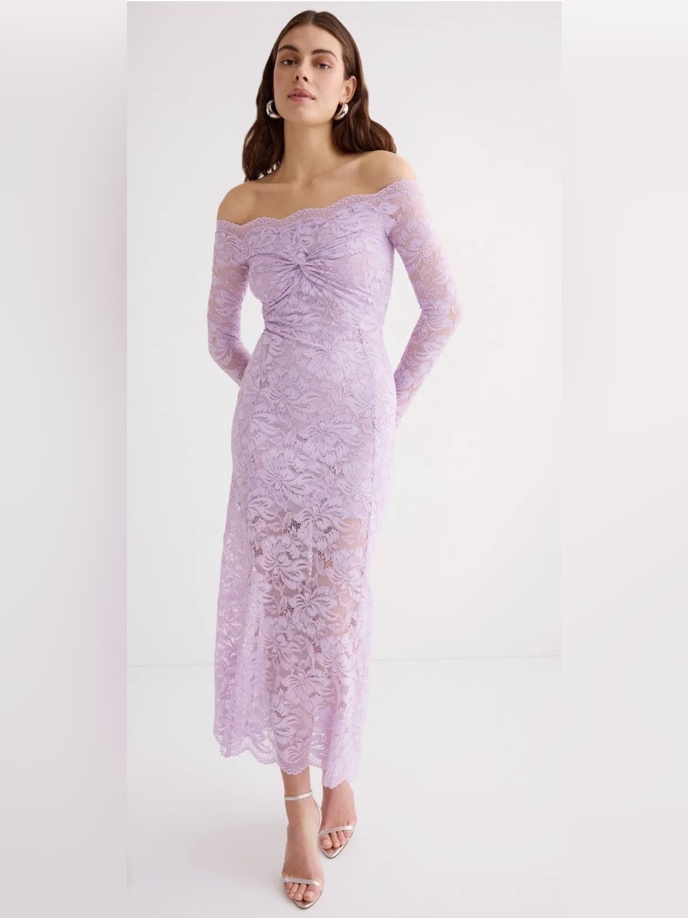 Rabanne Lilac Off-Shoulder Lace Long-Sleeve Midi Dress